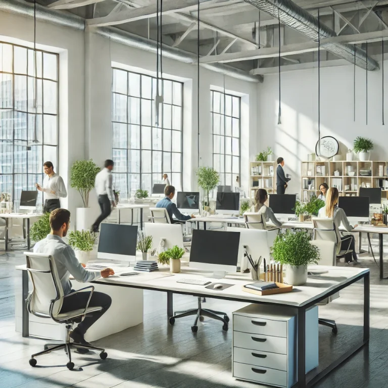 DALL·E 2024-09-02 18.14.21 - A modern and clean office space showing a bright and organized environment. Include elements like clean desks, a few employees working happily, natura