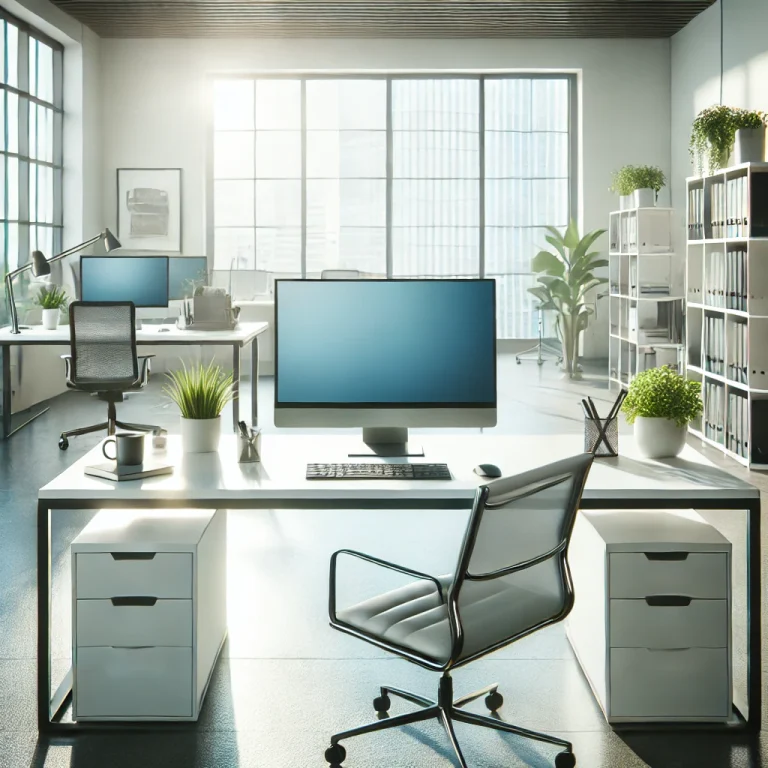 DALL·E 2024-09-02 18.15.05 - An office scene showing a clean and organized workspace. The image includes a modern desk with a computer monitor, a keyboard, and a mouse neatly arra